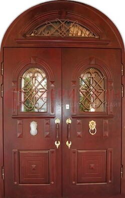 Стальная арочная дверь со стеклом и ковкой ДА-30 в дом из кирпича в Орле