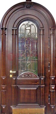 Арочная металлическая дверь массив со стеклом и ковкой ДА-50 в Орле