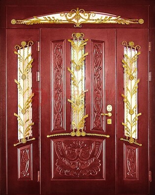 Бордовая железная парадная дверь со стеклом и ковкой ДПР-75 в Орле