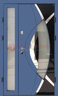 Синяя металлическая дверь со стеклом и узором ДС-13 в Орле