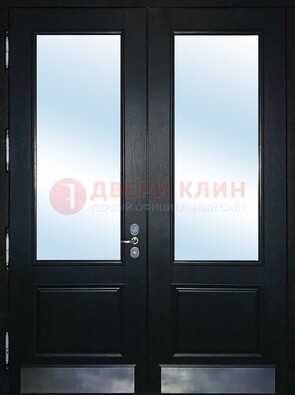 Черная двухстворчатая металлическая дверь со стеклом ДС-25 в Орле