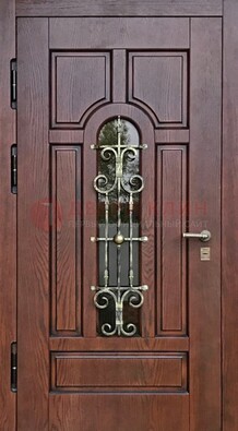 Cтальная дверь со стеклом и ковкой в коричневом цвете ДСК-119 в Орле