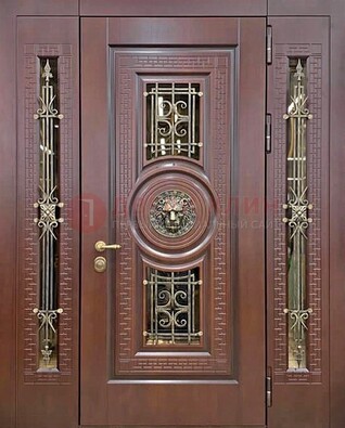Коричневая стальная дверь со стеклом и ковкой ДСК-147 с фрамугами в Орле
