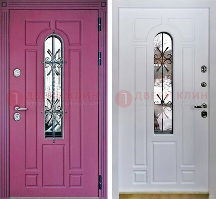 Розовая металлическая дверь со стеклом и ковкой ДСК-151 в Орле