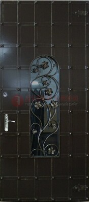 Высокая железная дверь со стеклом и ковкой ДСК-15 в Орле