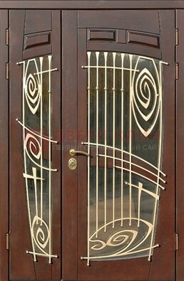 Коричневая железная дверь с большим стеклом и ковкой ДСК-203 в Орле