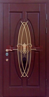 Бордовая стальная дверь Винорит со стеклом и ковкой ДСК-263 в Орле