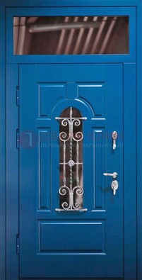 Синяя железная филенчатая дверь со стеклом и ковкой ДСК-97 в Орле