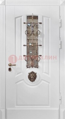 Белая металлическая дверь с виноритом и стеклом с ковкой ДВТ-165 в Орле