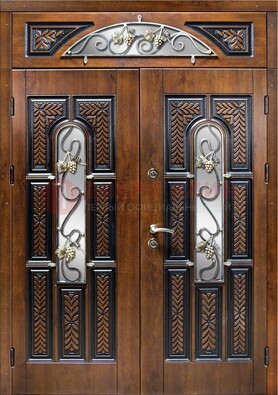 Входная двухстворчатая дверь с виноритом и ковкой ДВТ-183 в Луге