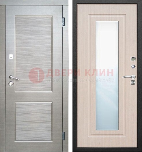 Светлая металлическая филенчатая дверь и МДФ Белый дуб с зеркалом ДЗ-104