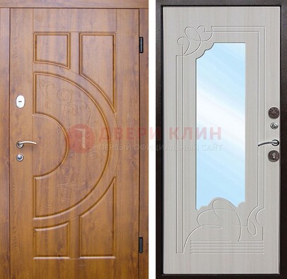 Коричневая металлическая дверь c МДФ с узором и зеркалом ДЗ-105 в Перми