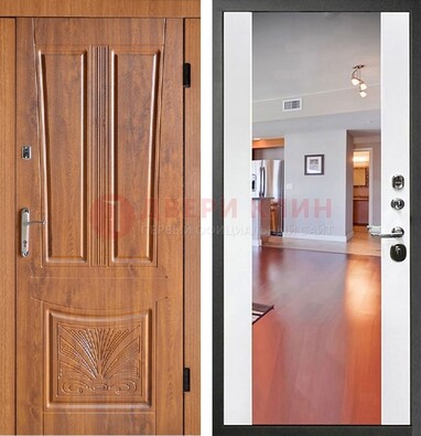 Входная коричневая дверь терморазрыв c виноритом и белая МДФ c зеркалом ДЗ-123 в Орле