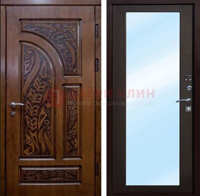 Коричневая входная дверь c узором и виноритом МДФ с зеркалом ДЗ-98 в Орле