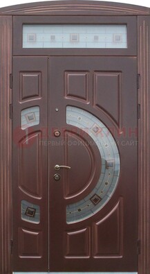 Коричневая двухстворчатая железная дверь с МДФ и витражом ВЖ-29 в Орле