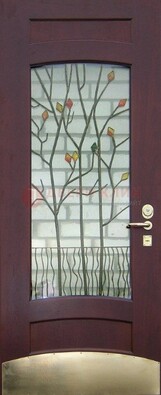 Бордовая стальная дверь с витражом и декоративным элементом ВЖ-3 в Орле